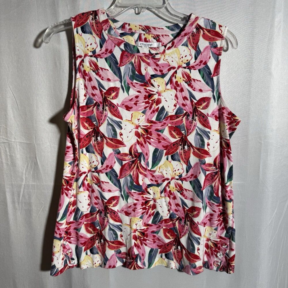 Chicos Floral Sleeveless Top Womens Size 2 Large Pink Tropical 100% Cotton